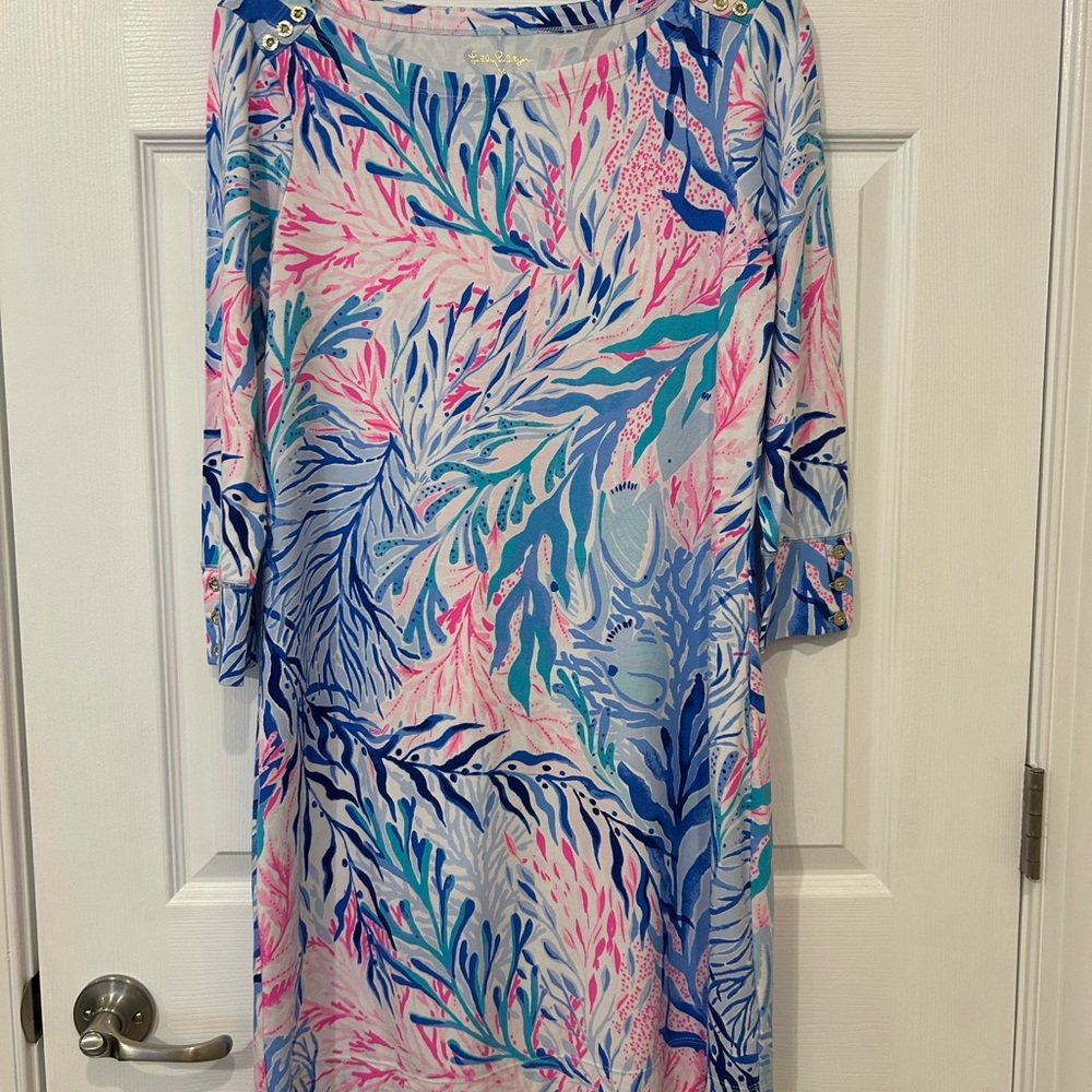 Lilly Pulitzer Pink and Blue Sheath Dress with 3/4 Dolman Sleeves